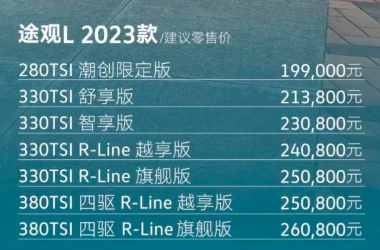 大众汽车报价及图片（2023款大众途观L正式上市，起售价19.9万元）