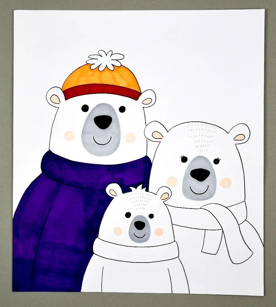 幼儿绘画步骤，幼儿绘画教程（冬季幼儿卡通艺术课程《北极熊一家》）