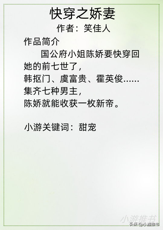 十本高质量甜宠文，十本快穿小说推荐，主娇宠甜文