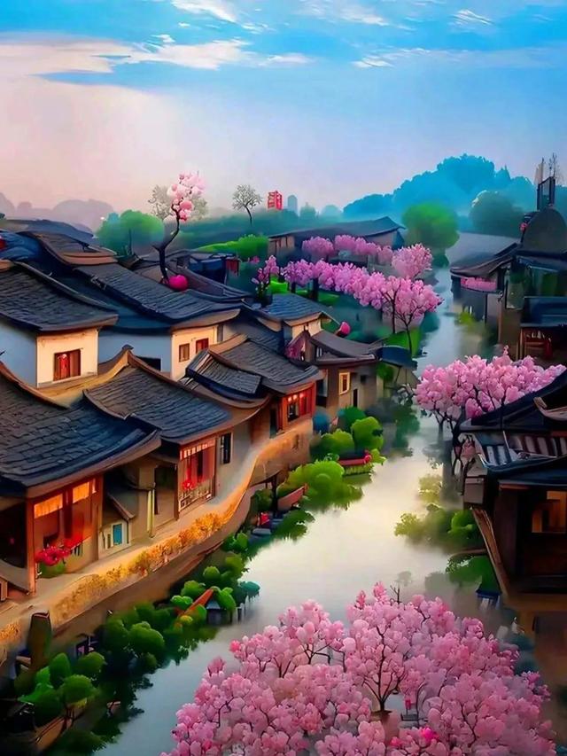 江南风景儿童画简单又漂亮，AI绘画之——江南美景