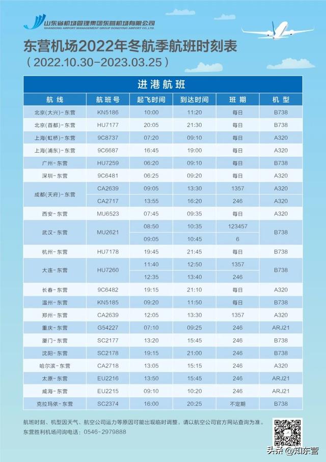 东营飞机场时刻表，东营机场2022年冬航季航班推介——华北地区、中南地区