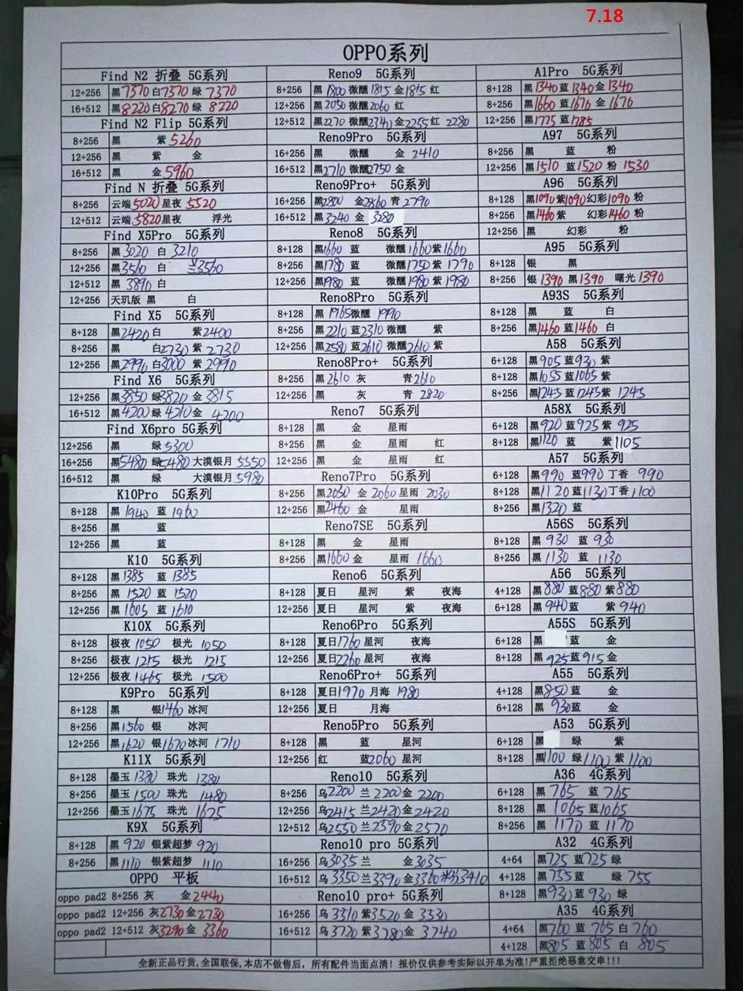 今日手机行情一览表，2023年7月18日华强北手机批发报价单