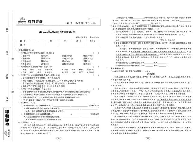 语文七年级下册学练优试卷电子版，初中人教版七年级语文下册试卷