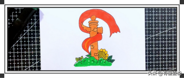 国庆节主题绘画简易画，彩色线描简笔画风格