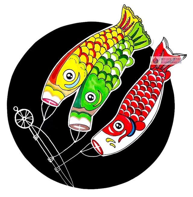鱼怎么画简单又漂亮，鱼的简笔画（综合创意画--飘扬的鲤鱼旗）