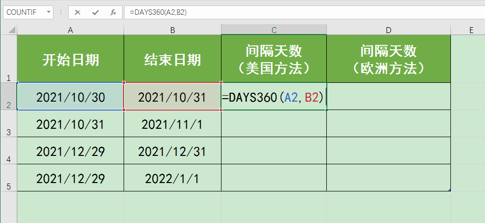 天数间隔计算器，计算日期之间天数（days360函数计算日期间隔天数时美国方法和欧洲方法有什么不同）