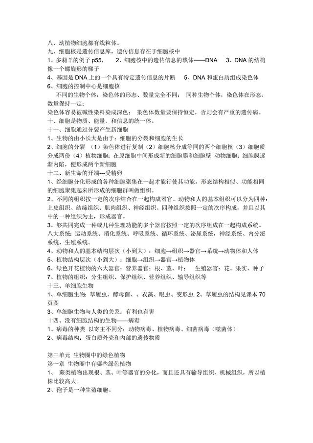 初中生物重点知识归纳可打印，初中生物重点知识点总结（初中生物全套复习提纲汇总）