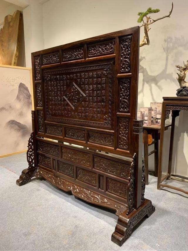 客厅古典屏风的特点,中式古典风格屏风(黑檀大展鸿图屏风百福屏风明清