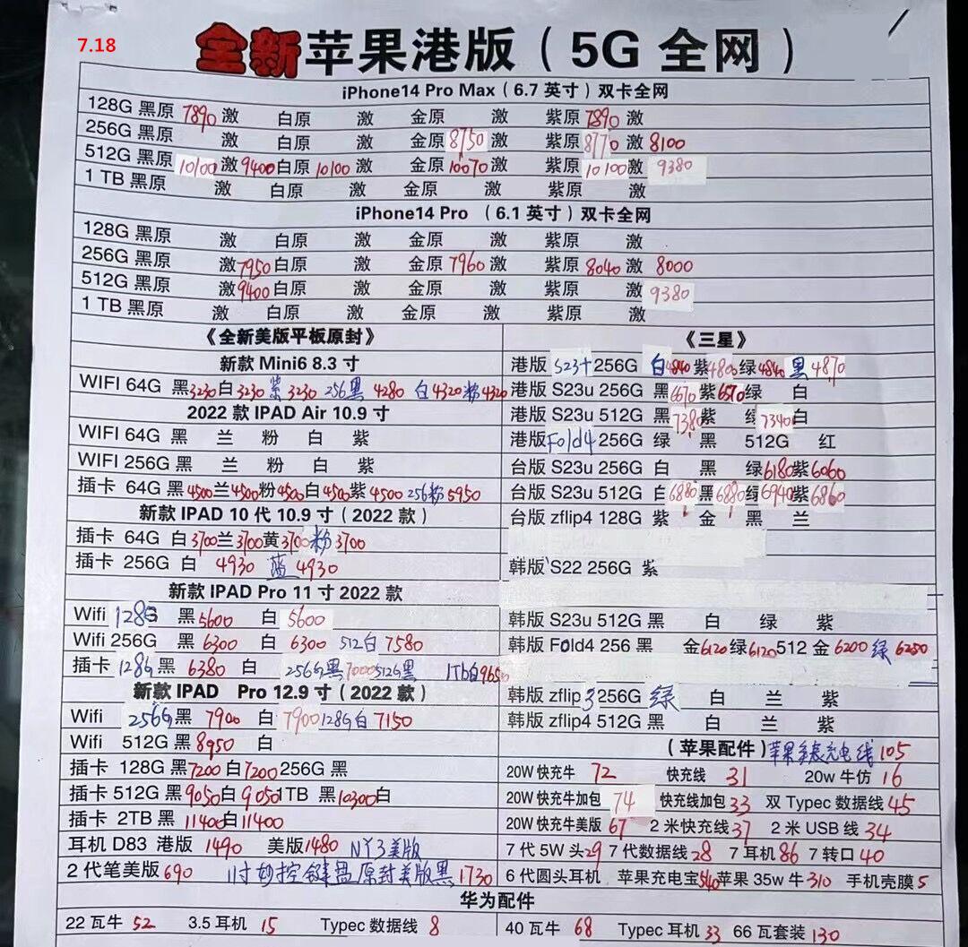 今日手机行情一览表，2023年7月18日华强北手机批发报价单