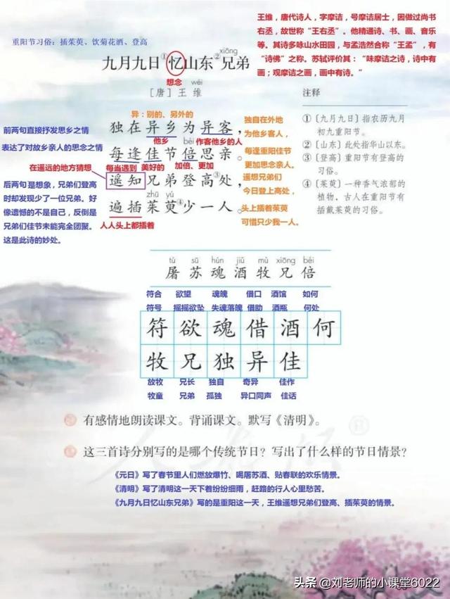 九月九日忆山东兄弟的山东是什么意思，九月九日忆山东兄弟中的山东指什么（三年级语文下册第9课《古诗三首》课堂笔记、课时练）