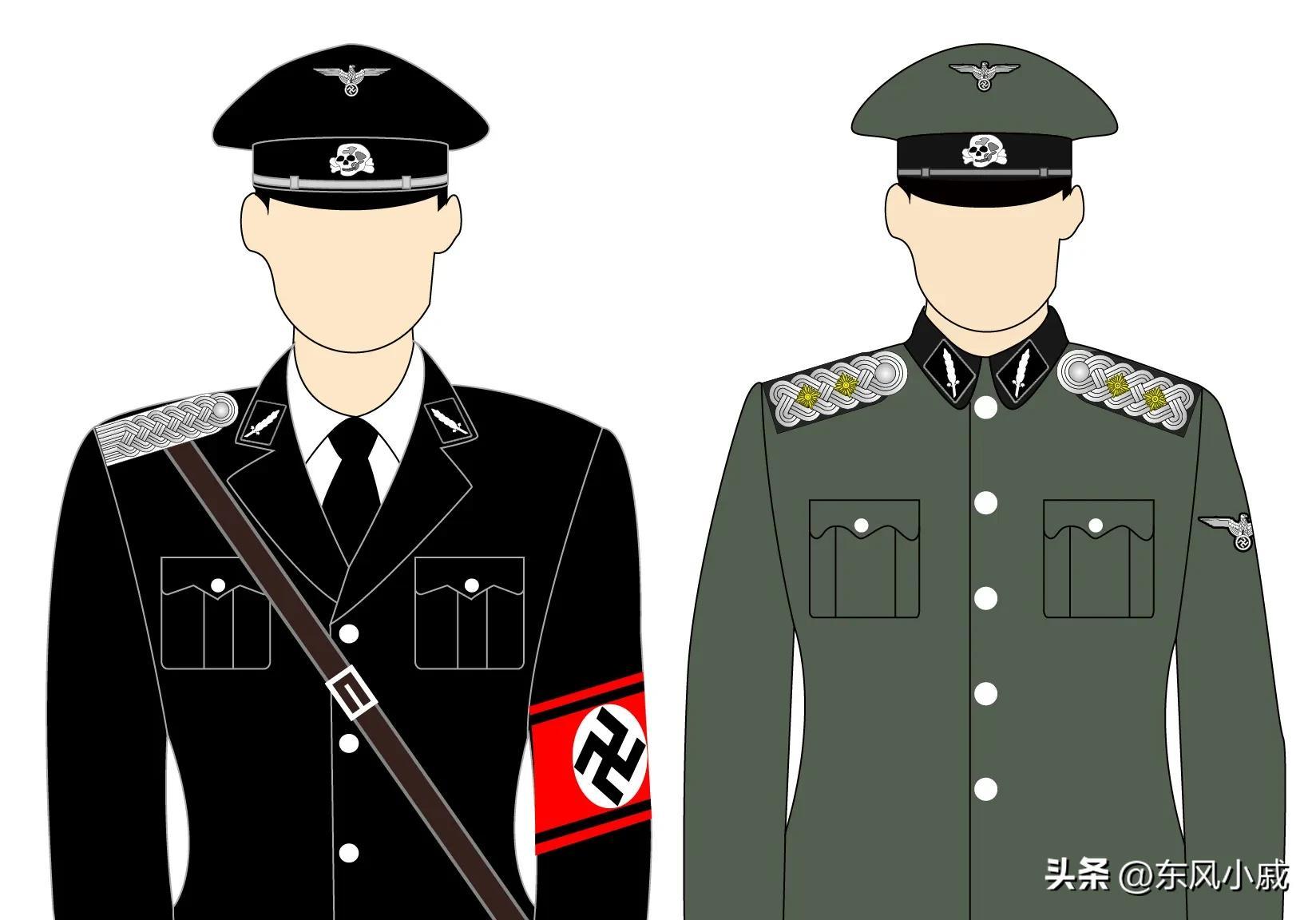 左领章为级别领章,右侧领章为党卫军的双s标志,从旗队长开始,改为对称