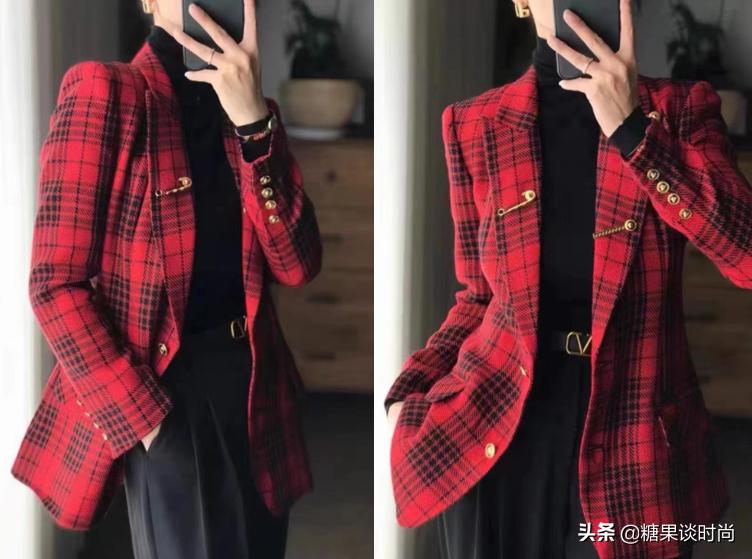 格子西服外套怎么搭配衣服好看，小格子西装搭配图片女