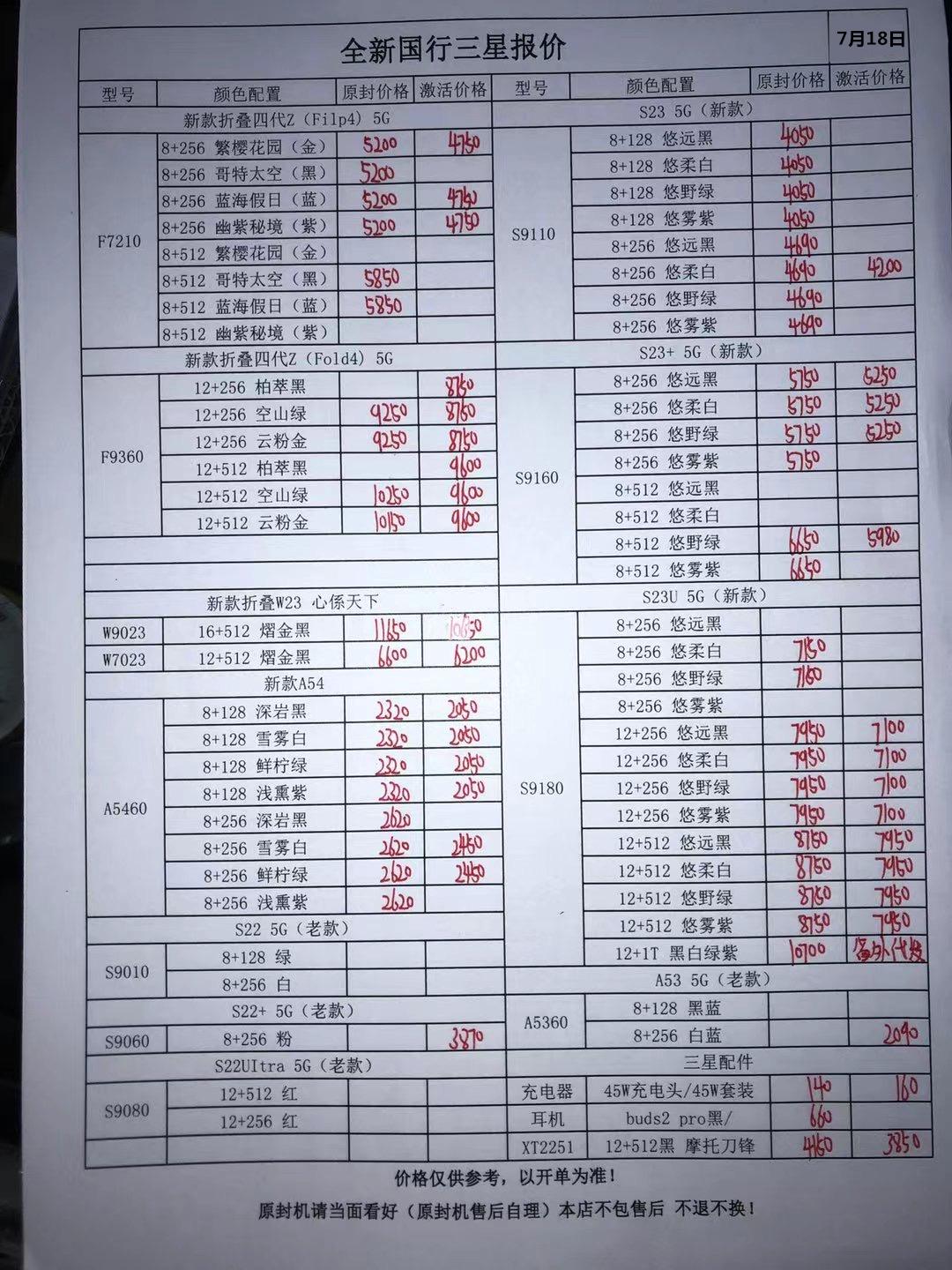 今日手机行情一览表，2023年7月18日华强北手机批发报价单