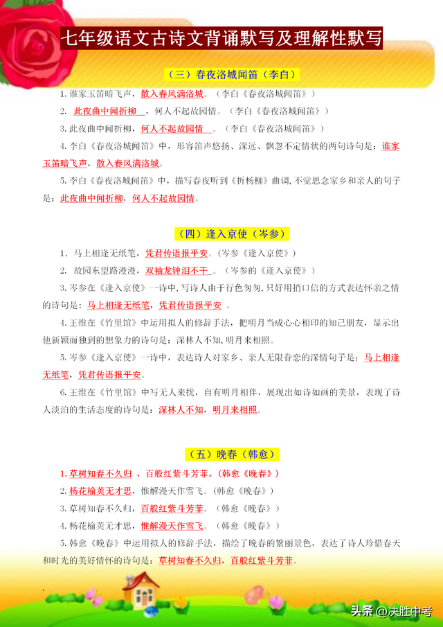 七年级古诗文必考题，七年级语文古诗文背诵及理解性默写归纳
