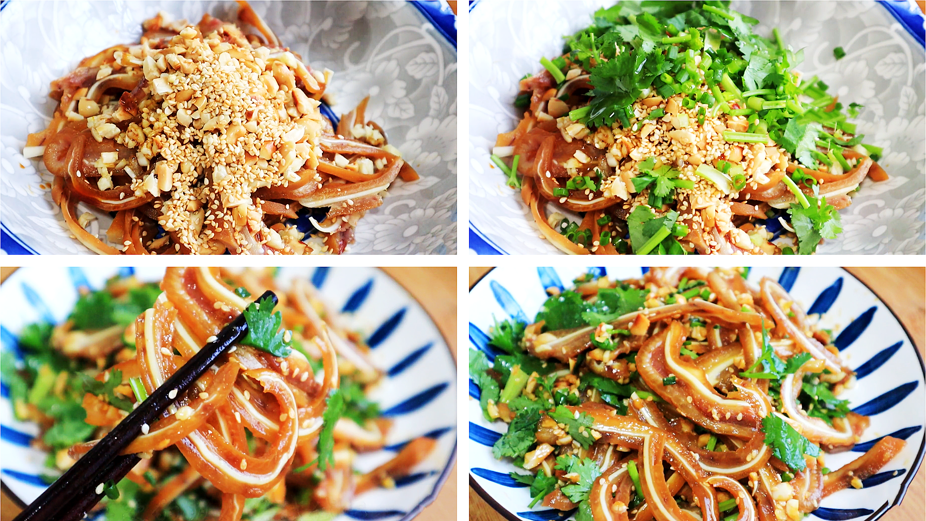 所用食材:猪耳 香菜 花生 葱 蒜蓉 花生 芝麻