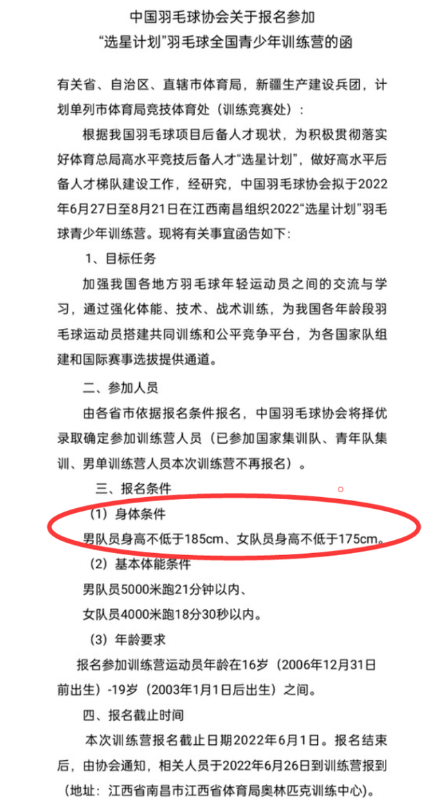 中国羽协训练营选拔身高限制被球迷吐槽，羽毛球队身高（国羽公布选拔条件）