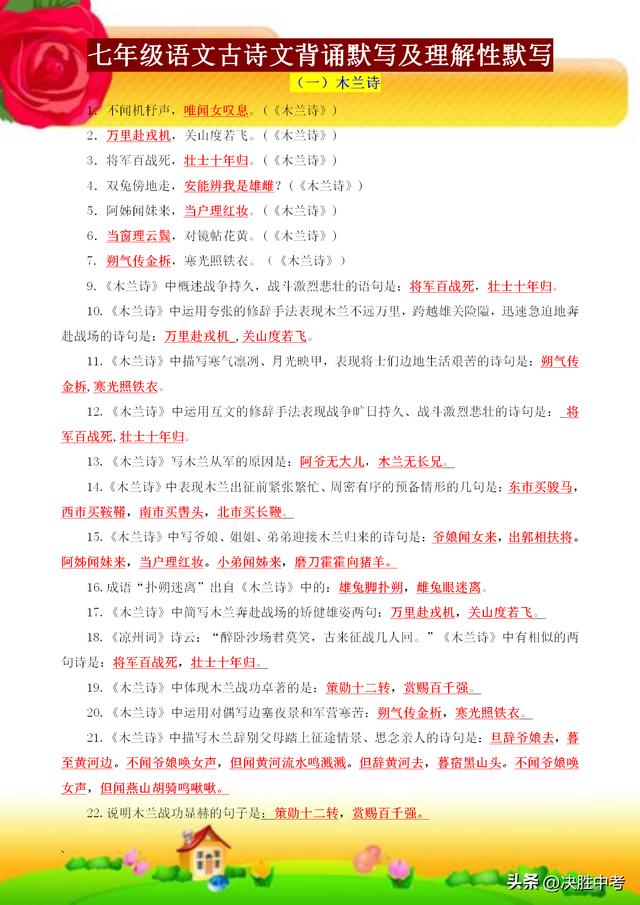七年级古诗文必考题，七年级语文古诗文背诵及理解性默写归纳