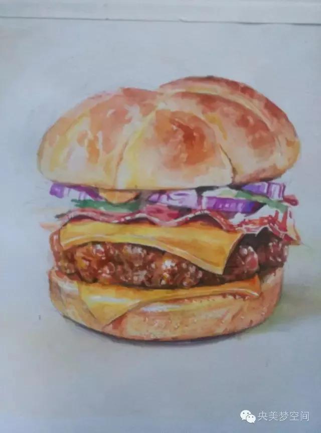汉堡怎么画简单又漂亮，绘画系列之教你如何画简易汉堡（用水彩画美味的汉堡包）
