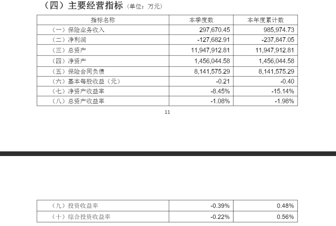 民生人寿保险公司（再现单季十位数亏损）