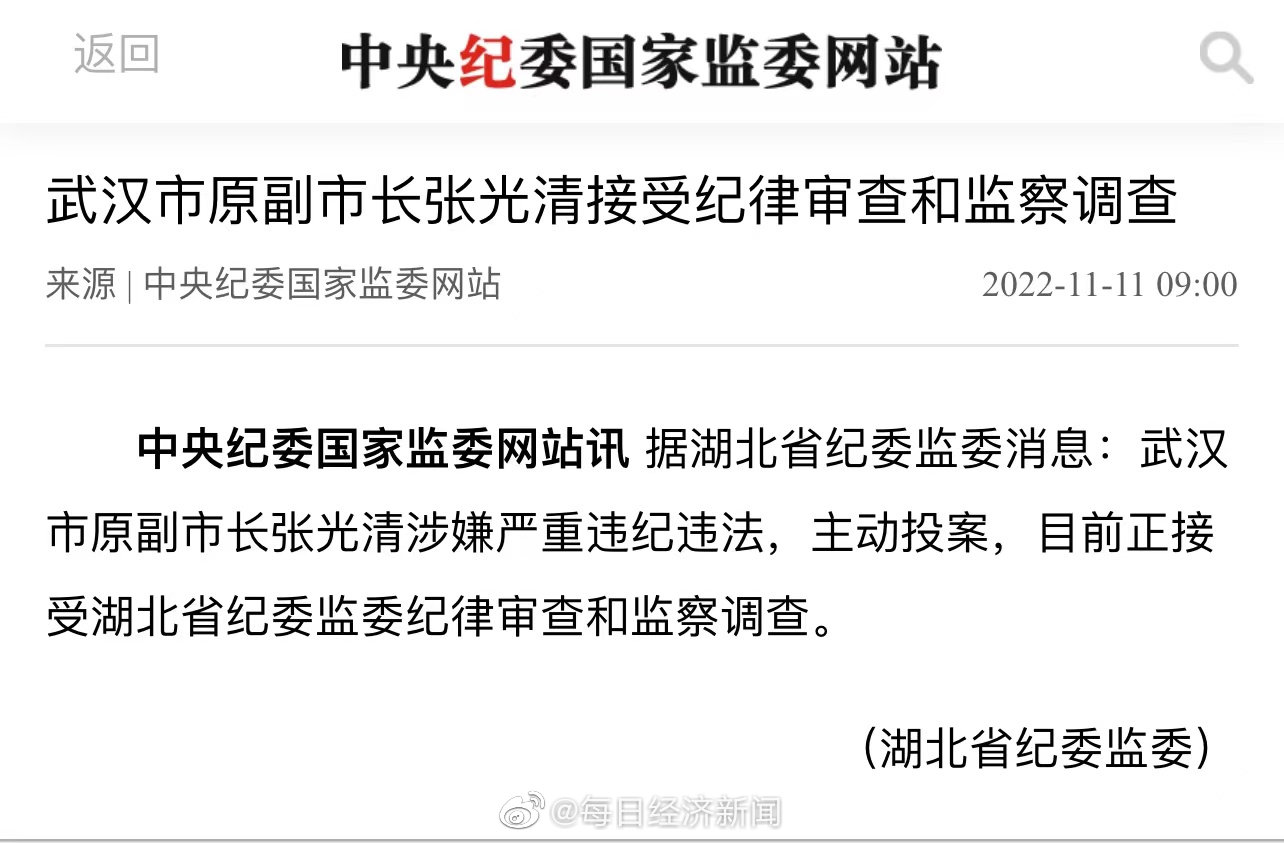 武汉市原副市长张光清主动投案，正接受纪委监委审查