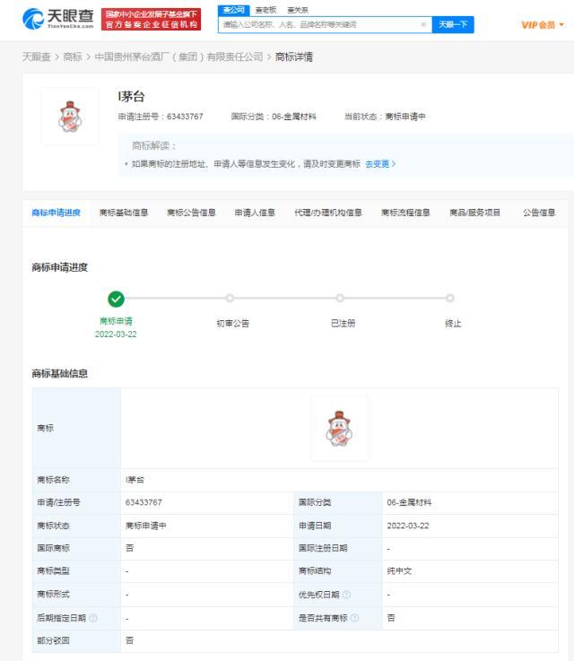 商标查询天眼查，天眼查注册商标（天眼查App显示茅台公司申请I茅台卡通形象商标）