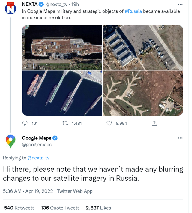明查｜谷歌地图18日起开放俄所有战略要地高清卫星图像？
