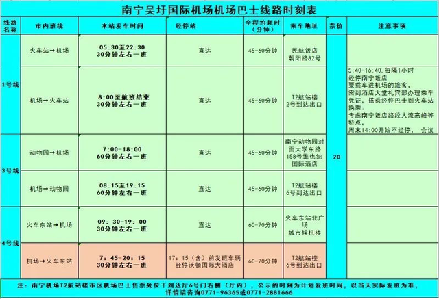 南宁机场大巴时刻表，南宁吴圩机场大巴时刻表（南宁机场巴士2号线与4号线今起合并运营）