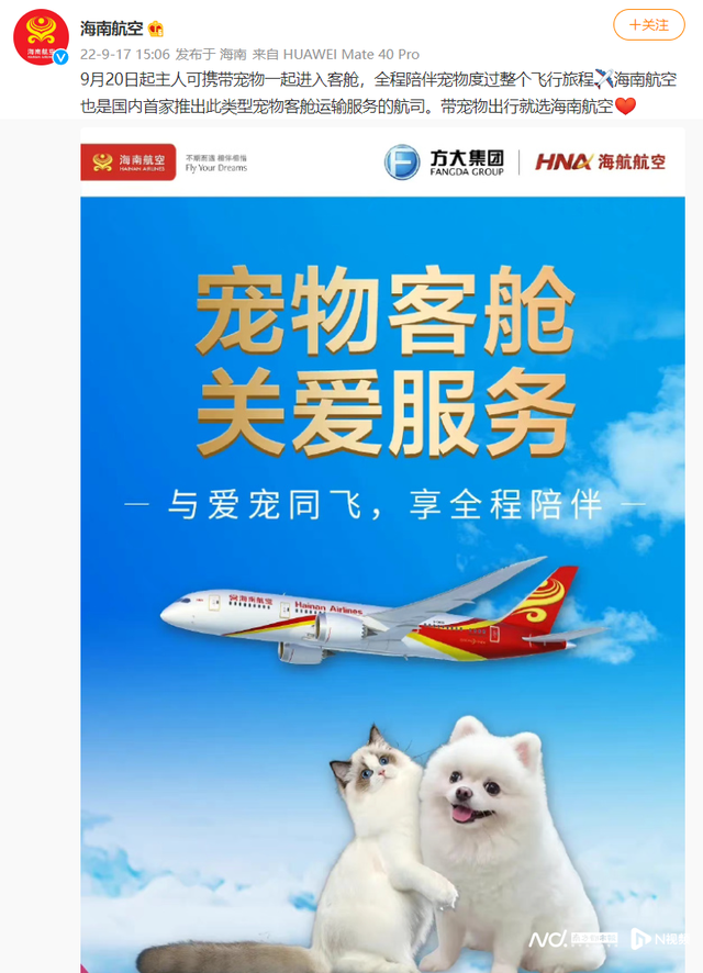 飞机能托运宠物吗，允许带宠物上飞机的航空公司（海航推人宠同舱背后）