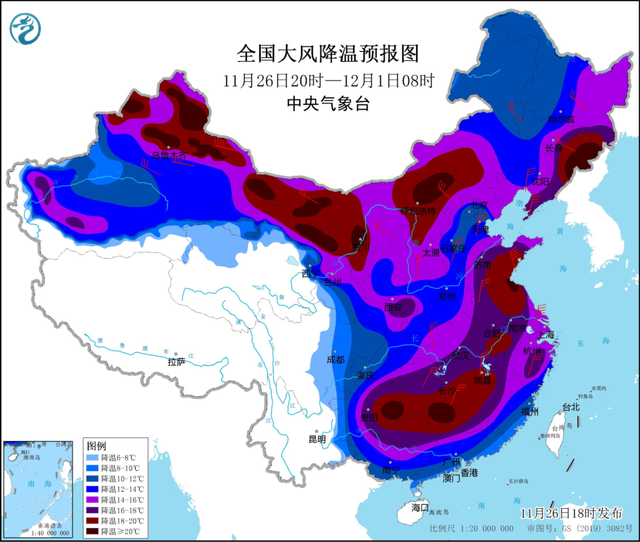 来源:中国气象局11月26日至30日,今冬以来最强寒潮天气将自西向东影响