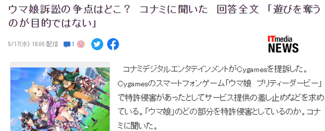cygames游戏公司，科乐美起诉Cygames旗下人气游戏《赛马娘》侵犯专利权